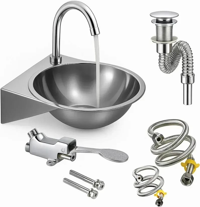 Kit válvula de pedal con Lavamanos en acero inoxidable y griferia