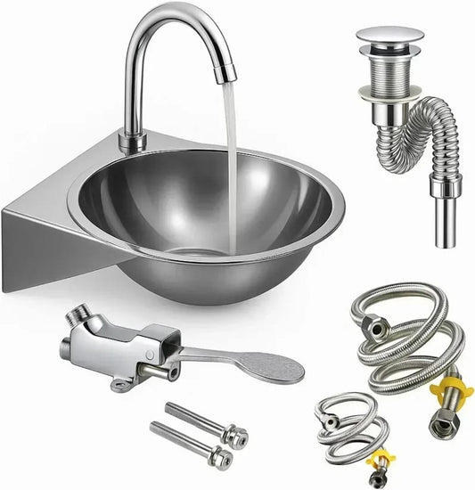 Kit válvula de pedal con Lavamanos en acero inoxidable y griferia